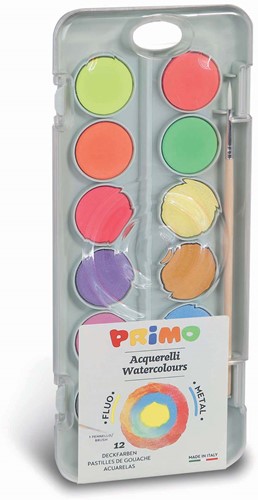 PRIMO  Aquarelverf tablet/penseel  - 8 metal + 4 fluo | Speel je Wijs