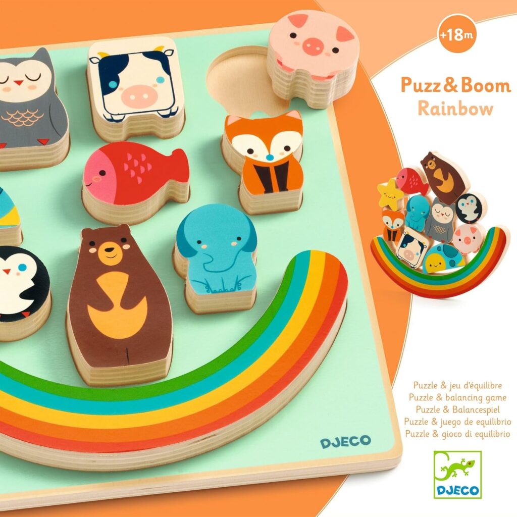 Djeco Puzz & Boom Houten Puzzel en Stapeltoren - Regenboog 18m+| Speel je Wijs