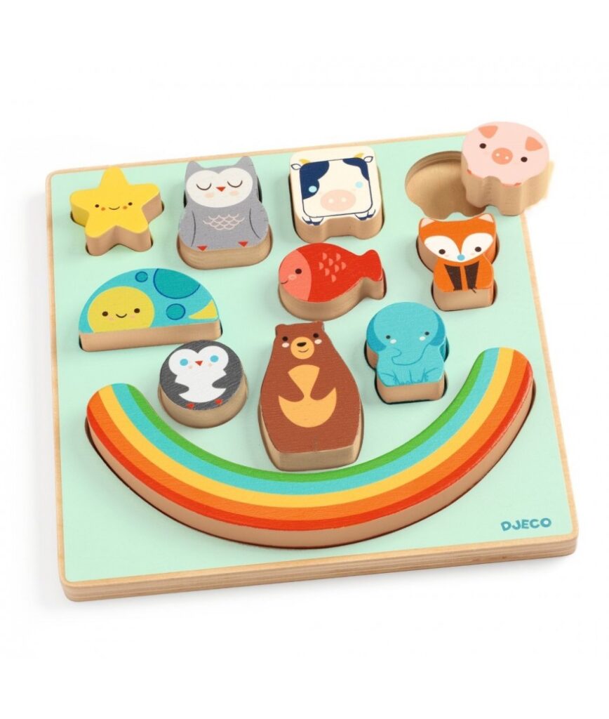 Djeco Puzz & Boom Houten Puzzel en Stapeltoren - Regenboog 18m+| Speel je Wijs