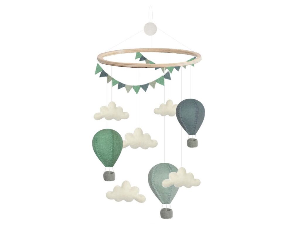 Gamcha Mobiel - Luchtballonnen Mint/Blauw 100% wolvilt | Speel je Wijs