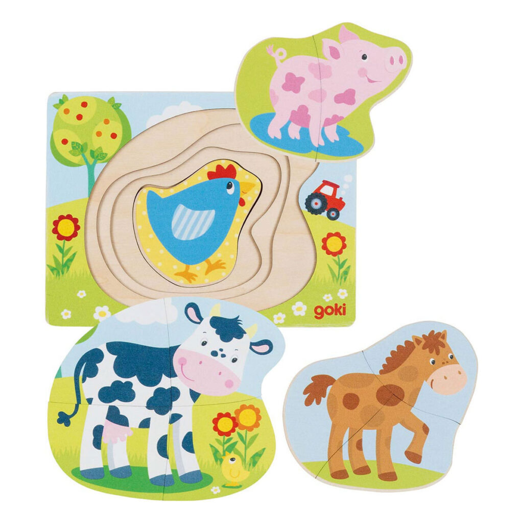 Goki Houten Lagenpuzzel - Boerderijdieren 2+  | Speel je Wijs